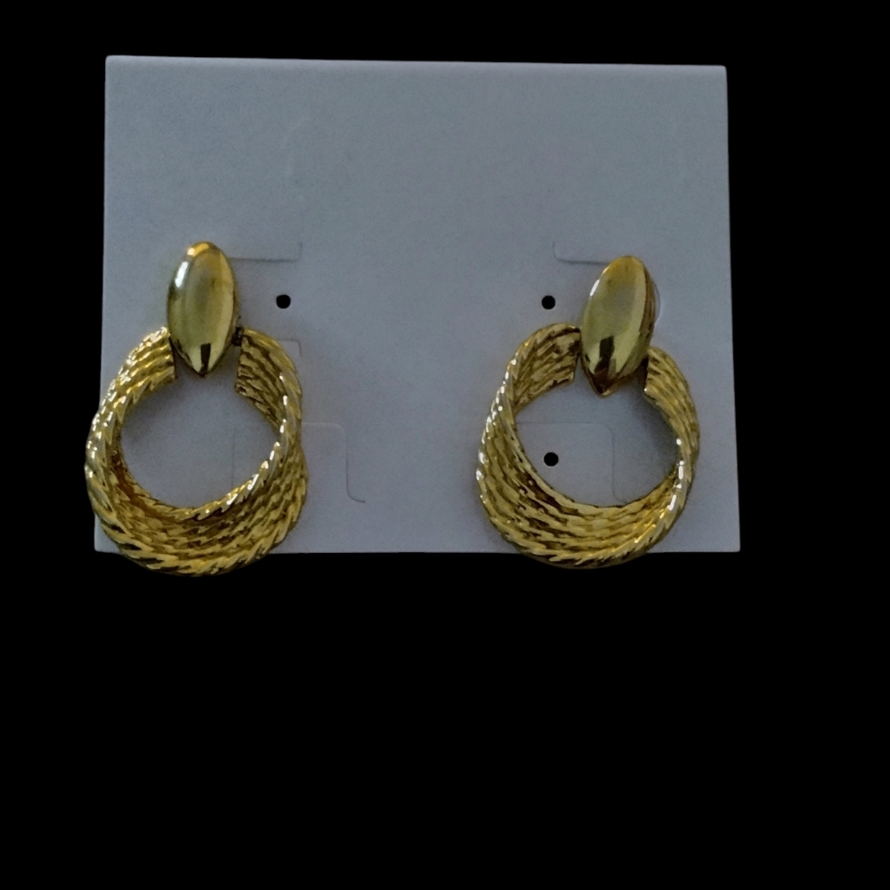 Vintage 1980s Retro Gold Textured Hoop Door Knocker Drop Earrings